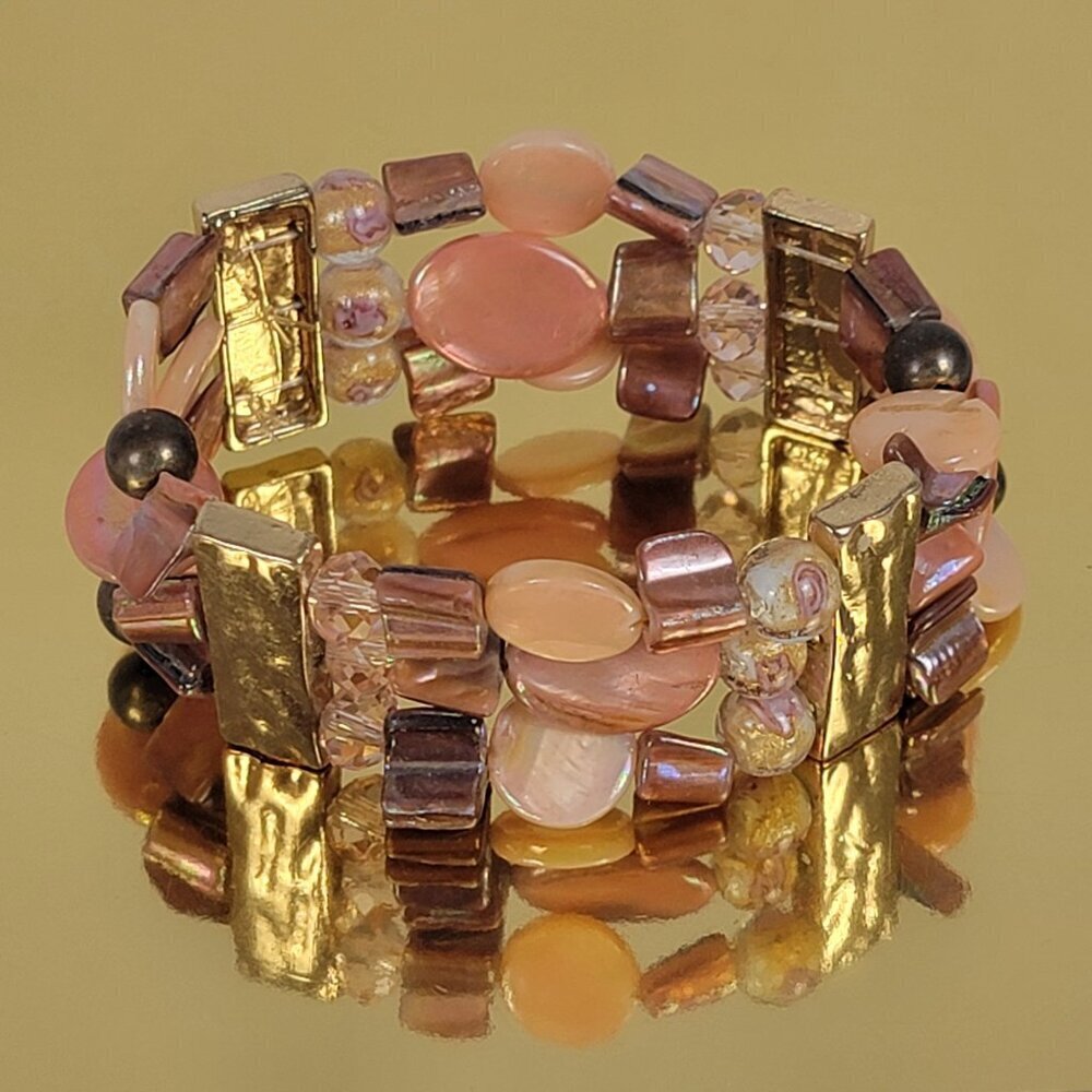 Gold Tone Pink Mother Of Pearl And Millefiori Glass Beaded Stretch Bracelet 7 In